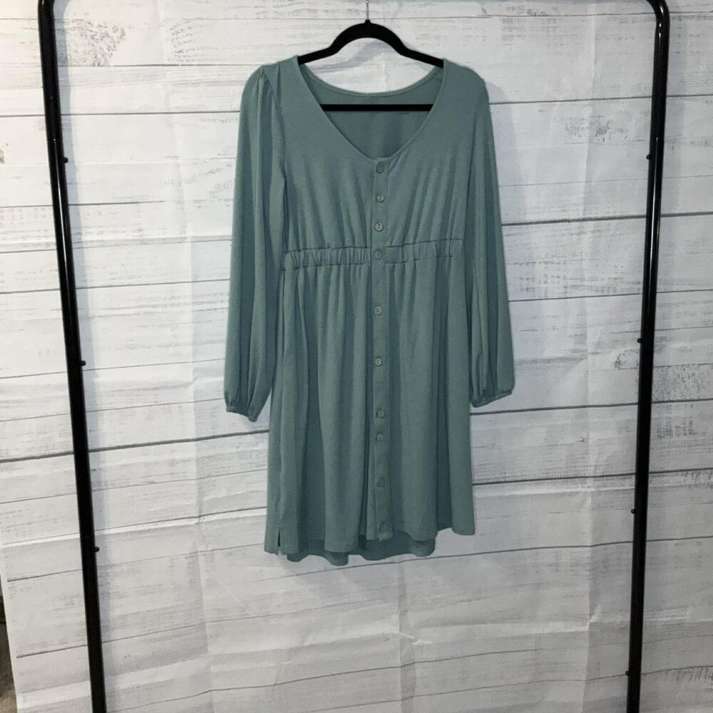 NWOT Green Button Up High Waist Long Sleeve Dress - Picture 5 of 6